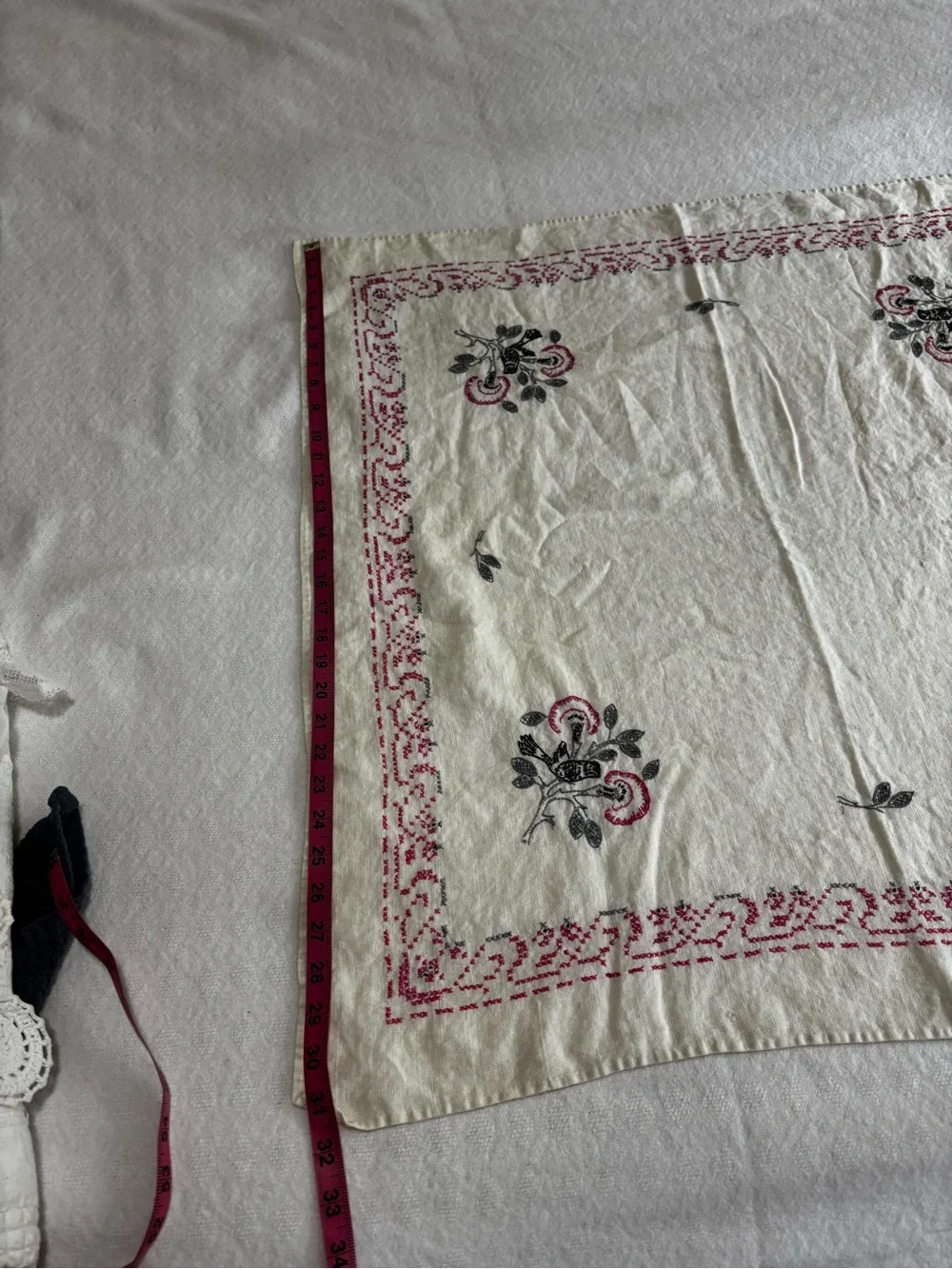 Embroidered Floral Tablecloth or Blanket - White with Pink & Black Accents